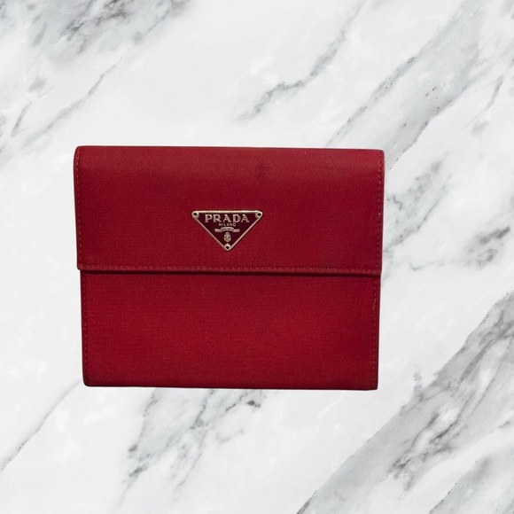 Prada Tessuto Dark Red Nylon Compact Trifold Wallet Authentic Vintage - Picture 1 of 11